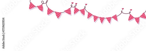 Pink pennant garland with heart decorations or striped. Cute festive vector illustration for party, baby shower or birthday design