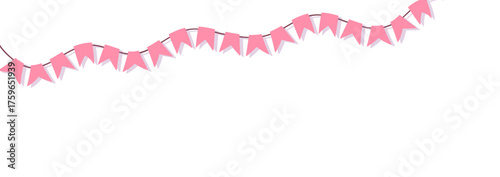 Pink pennant garland with heart decorations or striped. Cute festive vector illustration for party, baby shower or birthday design