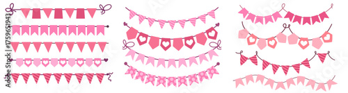 Set of pink pennant chains and garlands with hearts and ribbons. Cute decorative vector illustration for girls party, baby shower, birthday, wedding