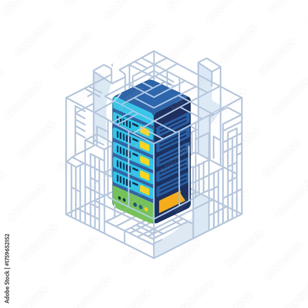 Fototapeta premium Isometric view of a server rack within a digital grid structure.