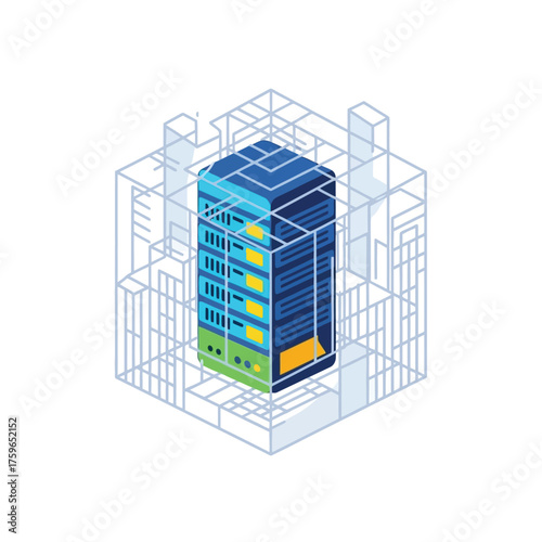 Isometric view of a server rack within a digital grid structure.