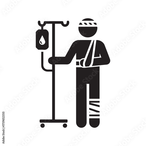 Injured Patient with Multiple Wounds. Stick Figure Icon of Accident Victim with Bandaged Head, Broken Arm Sling, and IV Drip for Hospital Treatment.
