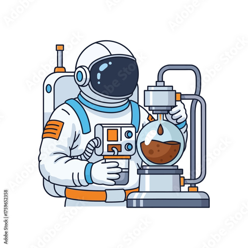 Astronaut brewing coffee with a futuristic coffee maker in space.