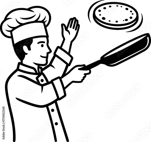 Male chef tossing pancake in frying pan with a smile. Restaurant food preparation. Vector illustration for cafe menu, recipe