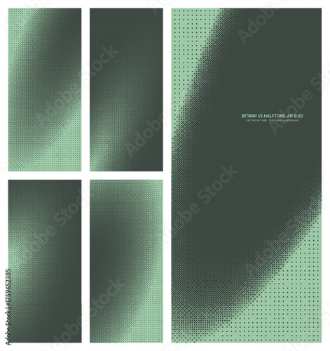 Assorted vector bitmap sage green halftone pattern set in vertical 9:20 aspect ratio including tilted elliptical frame and various smooth textures. Different 8bit retro styled textured design elements