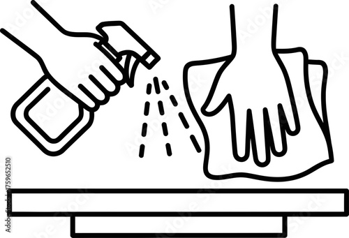 Hand holding spray bottle with detergent cleaning surface and other hand with rag wiping table. Disinfection concept. Vector icon