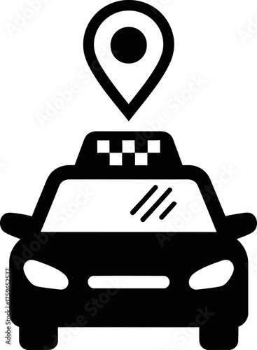 Black taxi car front view with location pin above. Geo tagging symbol for transport, cab service, ride share app usage. Flat vector icon
