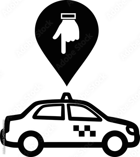 Taxi car with location pin and pointing hand icon. Cab service, ride share and transport navigation concept. Vector illustration for app design, map, banner.