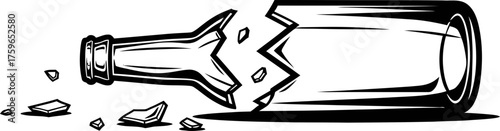 Broken glass bottle with sharp edges and scattered shards on floor. Alcoholism, danger, anger concept. Black and white vector illustration