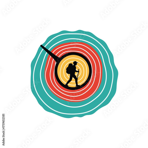 Silhouette of a hiker with a backpack and walking stick.