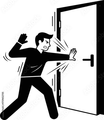 Man knocking door with anger or frustration, showing aggressive behavior or disappointment. Concept of protest or force. Vector illustration