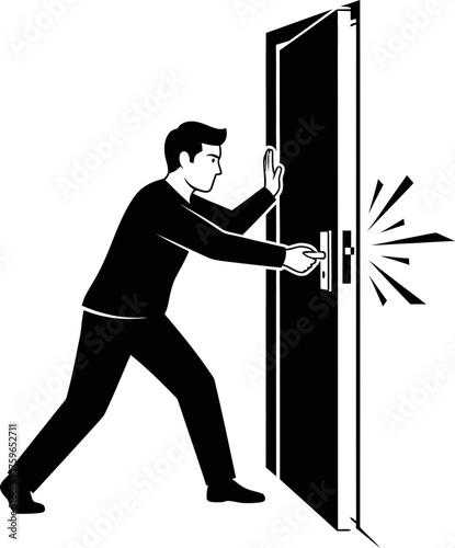Man forcefully closing a door with a click. Escape, privacy, and security concept. Black and white vector illustration for graphic design project