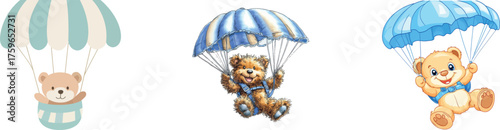 An adorable baby teddy bear is shown flying with a parachute in a beautiful watercolor illustration