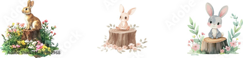 Watercolor is used to illustrate a cute scene of a rabbit and flowers in a forest
