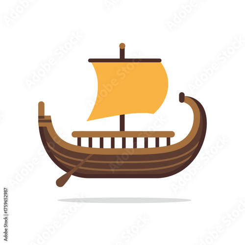A stylized of a Viking longboat with a yellow sail.
