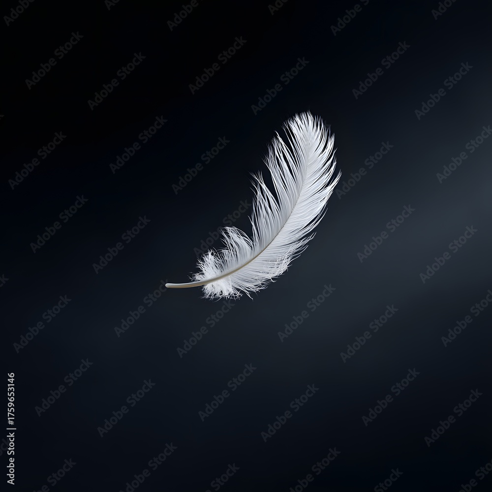 Obraz premium Single white feather floating in dark minimalist space, symbolic image of lightness, freedom, fragility and purity in square composition