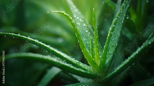 Lush green aloe vera plant glistening with fresh water droplets.