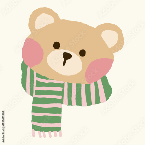 Cute hand-drawn bear wearing green winter scarf illustration