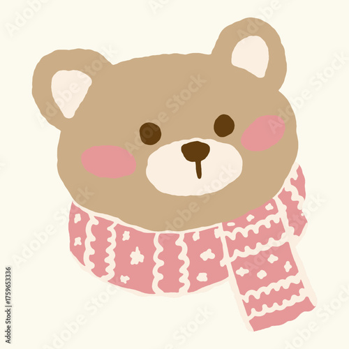 Cute hand-drawn bear wearing red patterned scarf illustration