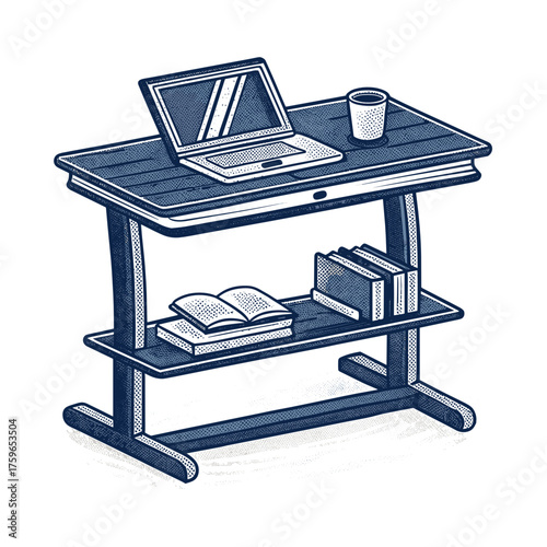 Desk with laptop, books, and cup in a minimalist style  