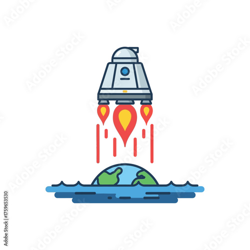 A stylized rocket launches from Earth over a blue ocean.