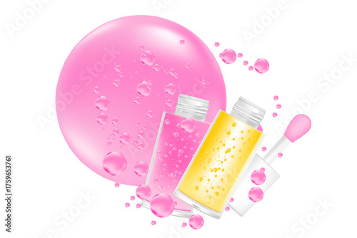 Cosmetic lip gloss or oil mockup isolated, transparent background, moisturizing pink liquid lipstick 3d plastic tube vector packaging, open bottle, white cap, brush cup. Beauty treatment.
