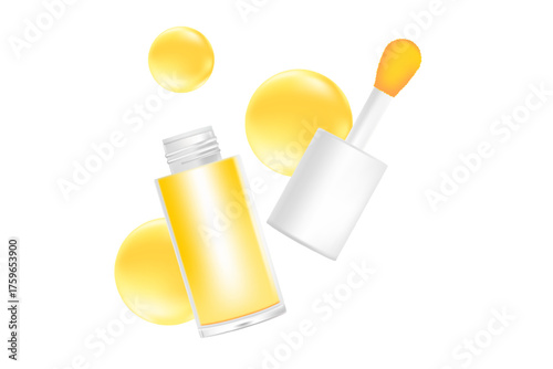 Cosmetic lip gloss or oil mockup isolated, transparent background, moisturizing golden honey glaze liquid lipstick 3d plastic tube vector packaging bottle, brush cup. Beauty treatment.