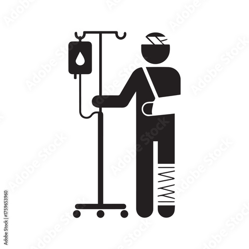 Injured Patient with Multiple Wounds. Stick Figure Icon of Accident Victim with Bandaged Head, Broken Arm Sling, and IV Drip for Hospital Treatment.
