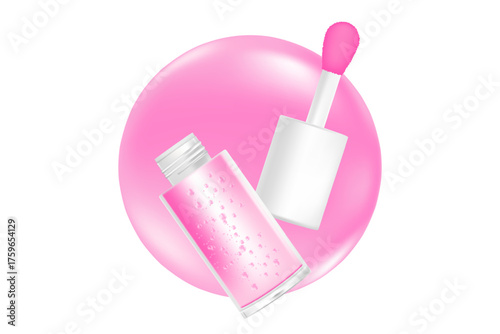 Cosmetic lip gloss or oil mockup isolated, transparent background, moisturizing pink glaze liquid lipstick 3d plastic tube vector packaging, open bottle, white cap, brush cup. Beauty treatment.