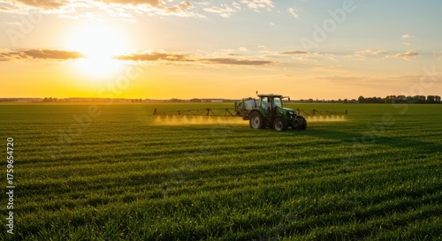 Tractor Spraying Crops in Agricultural Field at Sunset