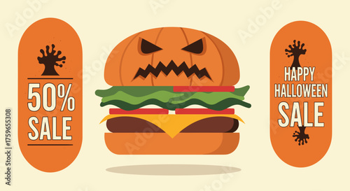 Spooky pumpkinfaced burger with 50 off Halloween sale banners perfect for holiday food promotions and deals