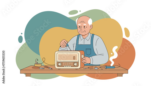 Senior man happily repairing a vintage radio showcasing hobby skill and leisure