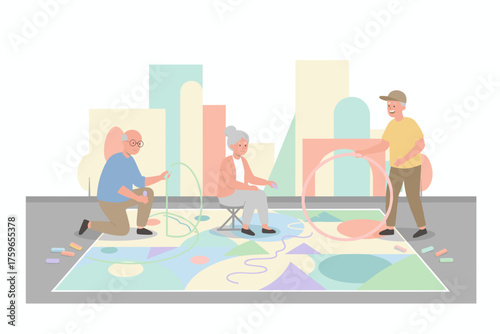 Elderly people and caregiver create chalk art outdoors fostering joy and community