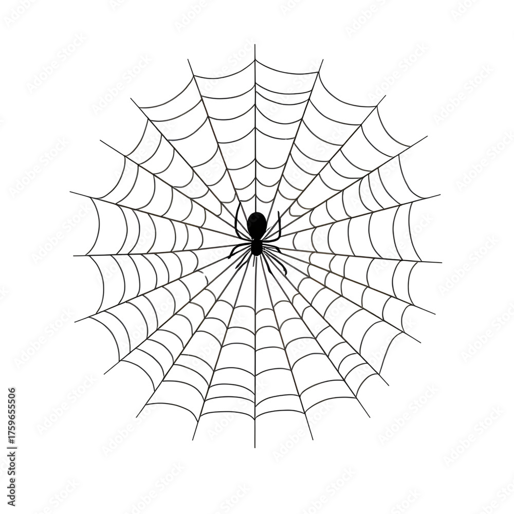 Obraz premium Spider web with black spider, simple halloween outline illustration