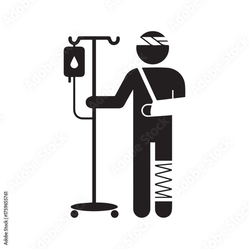 Injured Patient with Multiple Wounds. Stick Figure Icon of Accident Victim with Bandaged Head, Broken Arm Sling, and IV Drip for Hospital Treatment.
