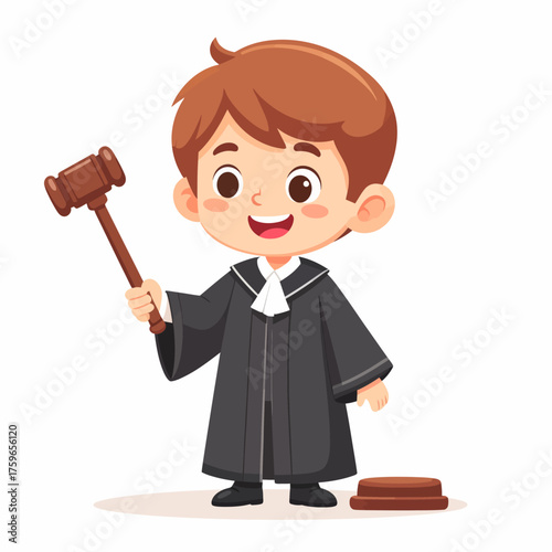 Happy Boy Judge Holding Gavel Smiling in Black Robe Cartoon Illustration on White Background
