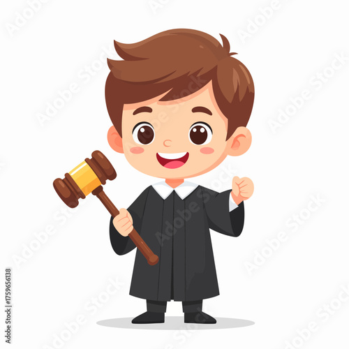 Happy Boy Judge Holding Gavel Smiling in Black Robe Cartoon Illustration on White Background