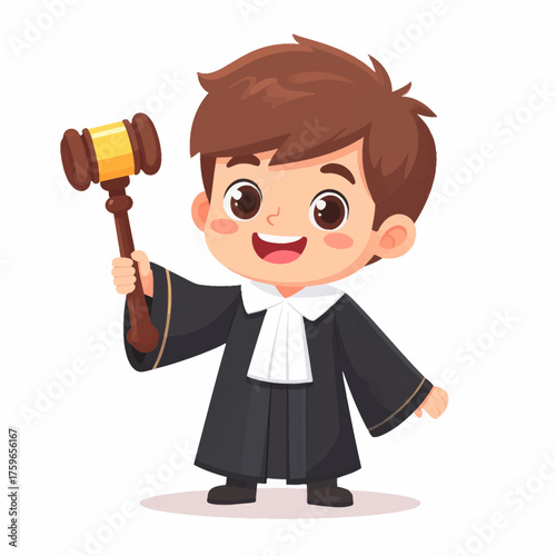 Happy Boy Judge Holding Gavel Smiling in Black Robe Cartoon Illustration on White Background