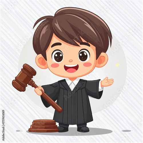 Happy Boy Judge Holding Gavel Smiling in Black Robe Cartoon Illustration on White Background