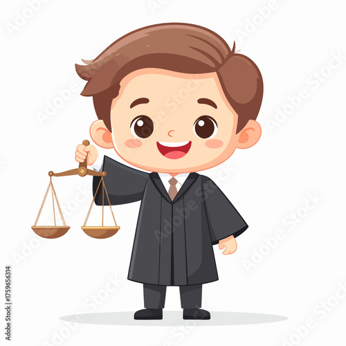 Happy Young Boy Judge Holding Scale of Justice in Black Robe Cartoon Illustration
