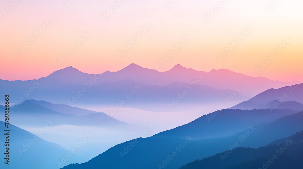 Fototapeta premium Highaltitude mountain landscape with pink sky and soft fog at sunset