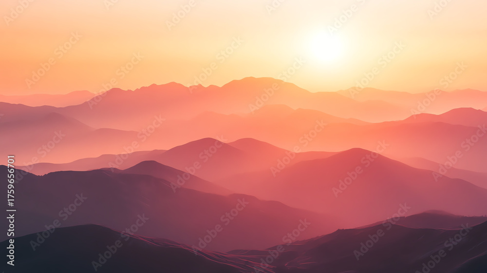 Fototapeta premium Layered mountain landscape during sunset with warm orange haze, tranquil and vast view