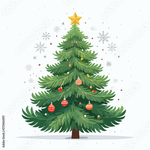 Festive Christmas Tree Illustration with Ornaments and a Star Topper, perfect for Holiday Designs