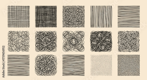 A collection of fifteen diverse abstract texture patterns featuring varied line styles and dot arrangements.