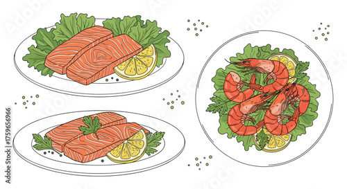 Delicious grilled salmon fillets and fresh shrimp salad with lemon and lettuce garnish.