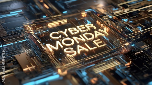Cyber Monday sale announcement featuring glowing text and intricate circuit board design
