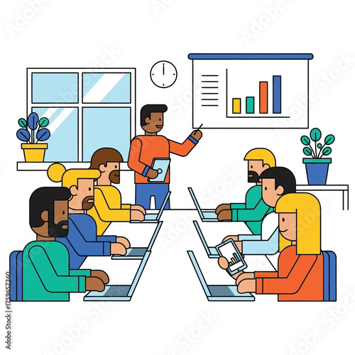 People attend a business meeting with a presentation and laptops.