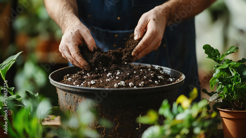 Person mixing soil and perlite in container for repotting houseplants