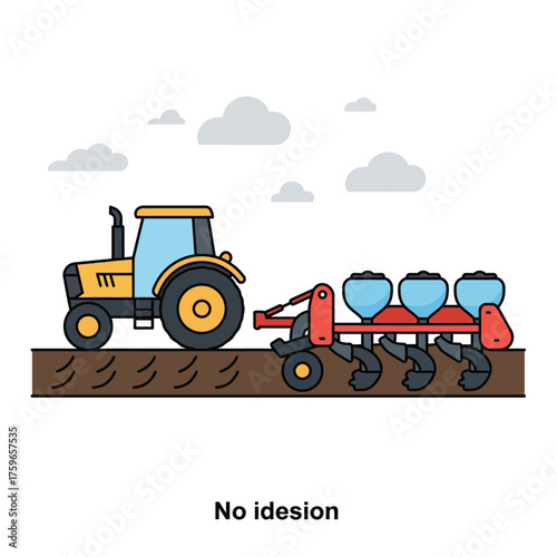 A cartoon tractor pulls a plow through a field under a cloudy sky.