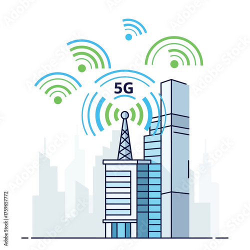 5G tower emitting signals amidst city buildings.